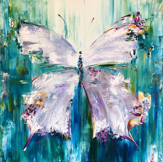 THE QUEEN OF SUMMER -Butterfly white wings. Wildlife abstraction. Very Peri. Abstract modern butterfly Delicate wings. Turquoise background. Ease. Flight. Charm.