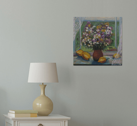 The Joy of Summer flowers Impressionism Original (Monet style) Artwork with Floral Gift on a Windowsill White Curtain with Yelliw Lemons and a View of Countryside Hills Horse Fields Summertime Love Gift Kitchen Art