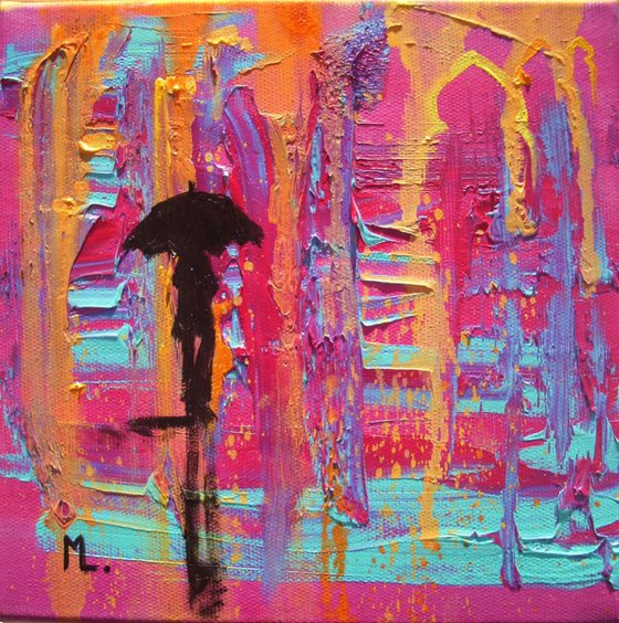 " Loneliness in Morocco " original painting CITY STREET RAIN full of colours