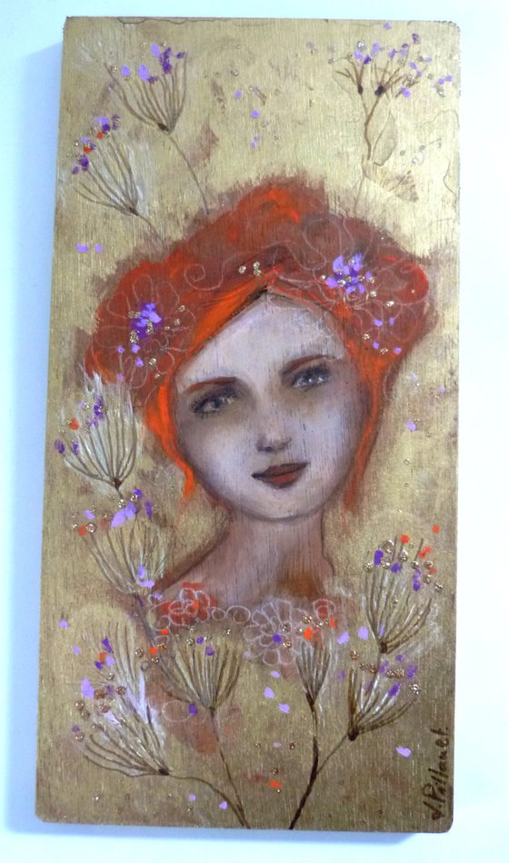 Sentimental 30 x 15 cm. Romantic redheaded woman on wood.