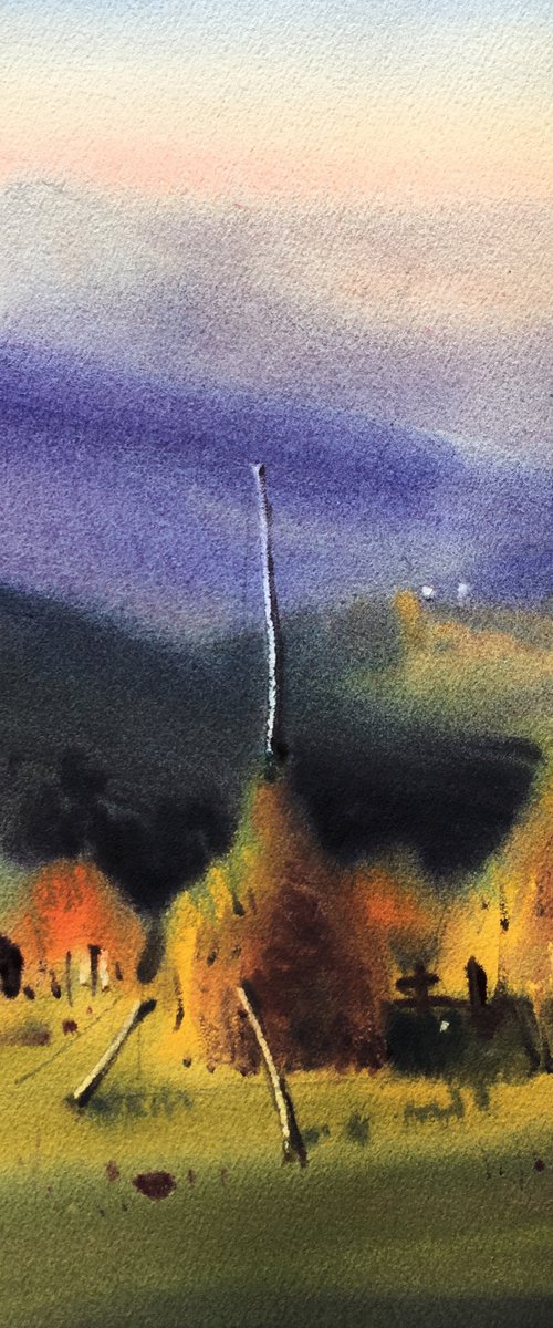 Landscape with haystacks in Carpathian Mountains. Original watercolor painting. Autumn landscape. by Andrii Kovalyk
