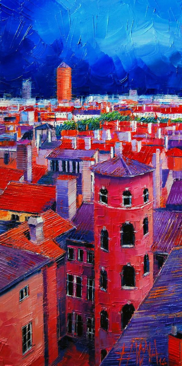 Vieux Lyon Rooftops - palette knife oil painting by Mona Edulesco