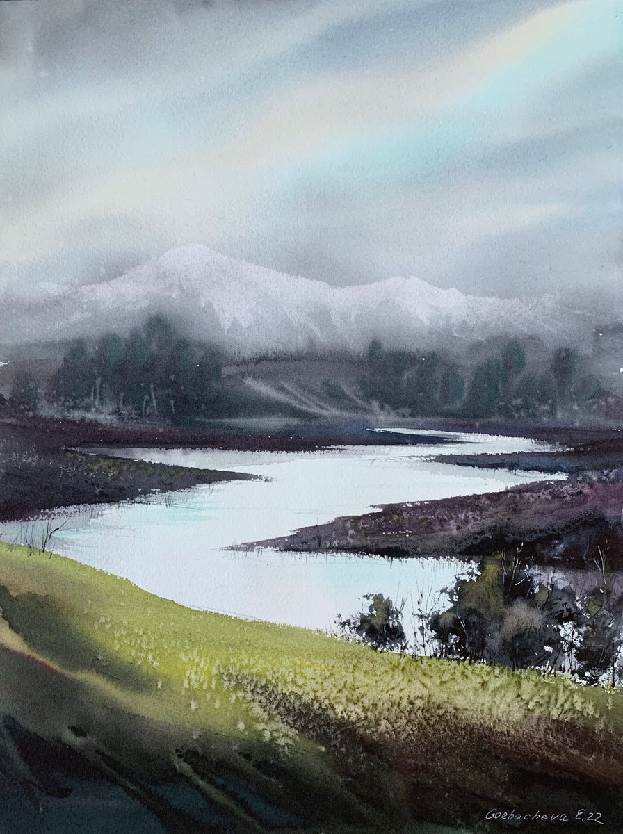 Impressionistic Landscape Watercolour By Eugenia Gorbacheva, 12 X 16, Mountain River #23, Original Artwork