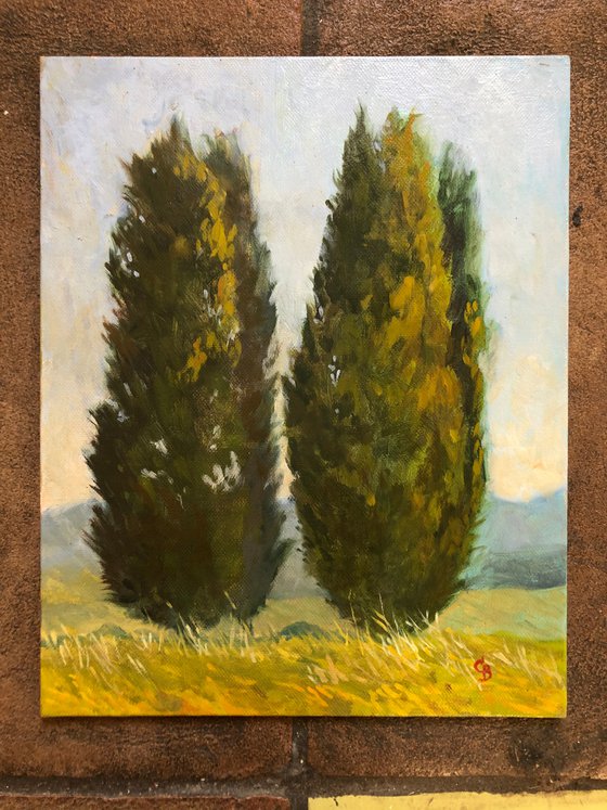 Two Cypresses in Umbria Plein Air Italian Landscape Painting