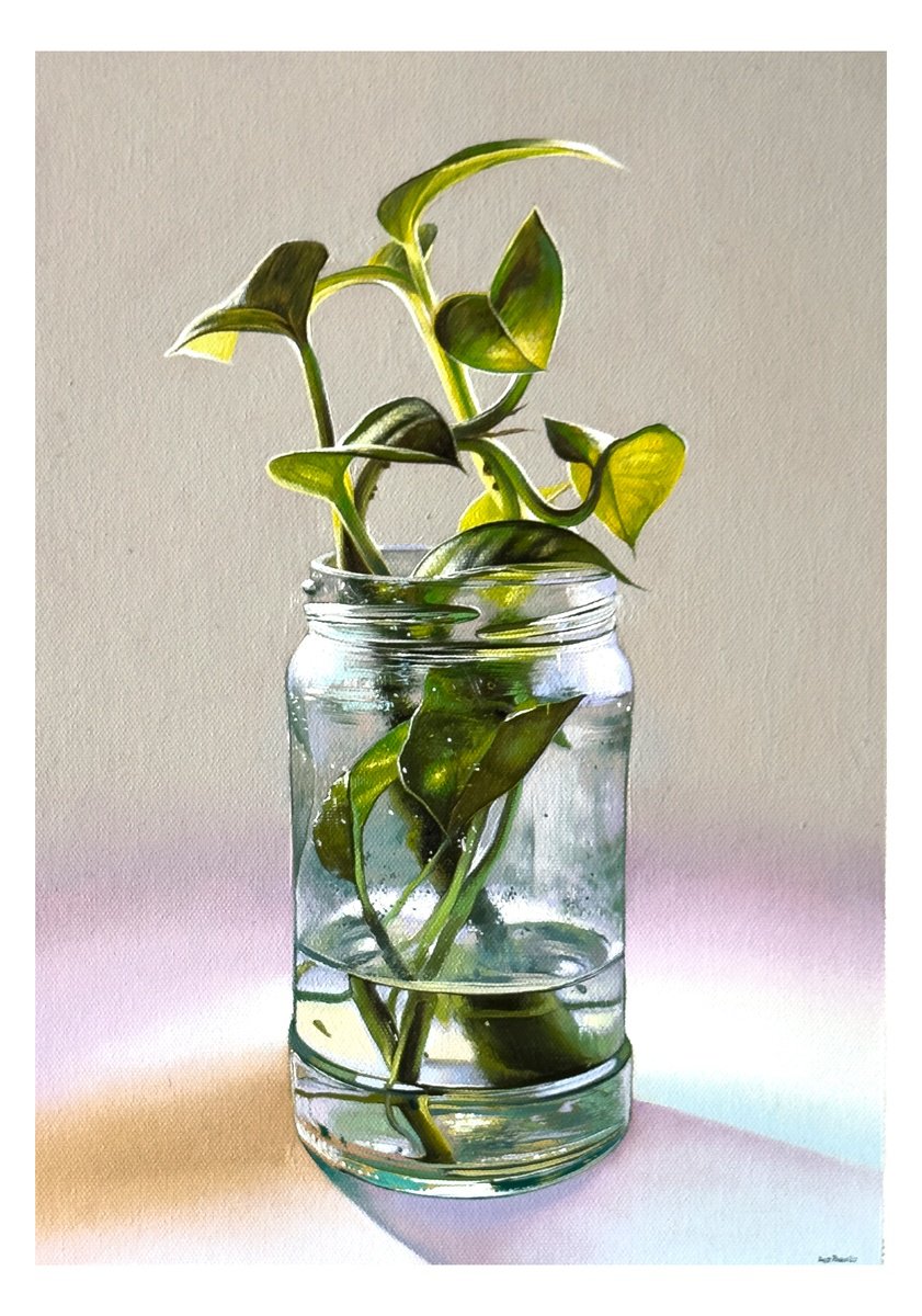 Photorealistic Botanical Oil Painting By Anastasia Parfilo, 10 X 14, The Sprout In A Clear Glass, Original Artwork