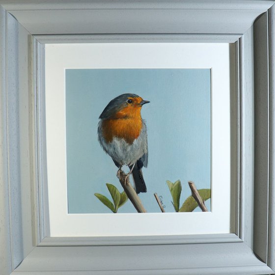 Robin in the Bushes Painting, Bird Artwork, Animal Art Framed