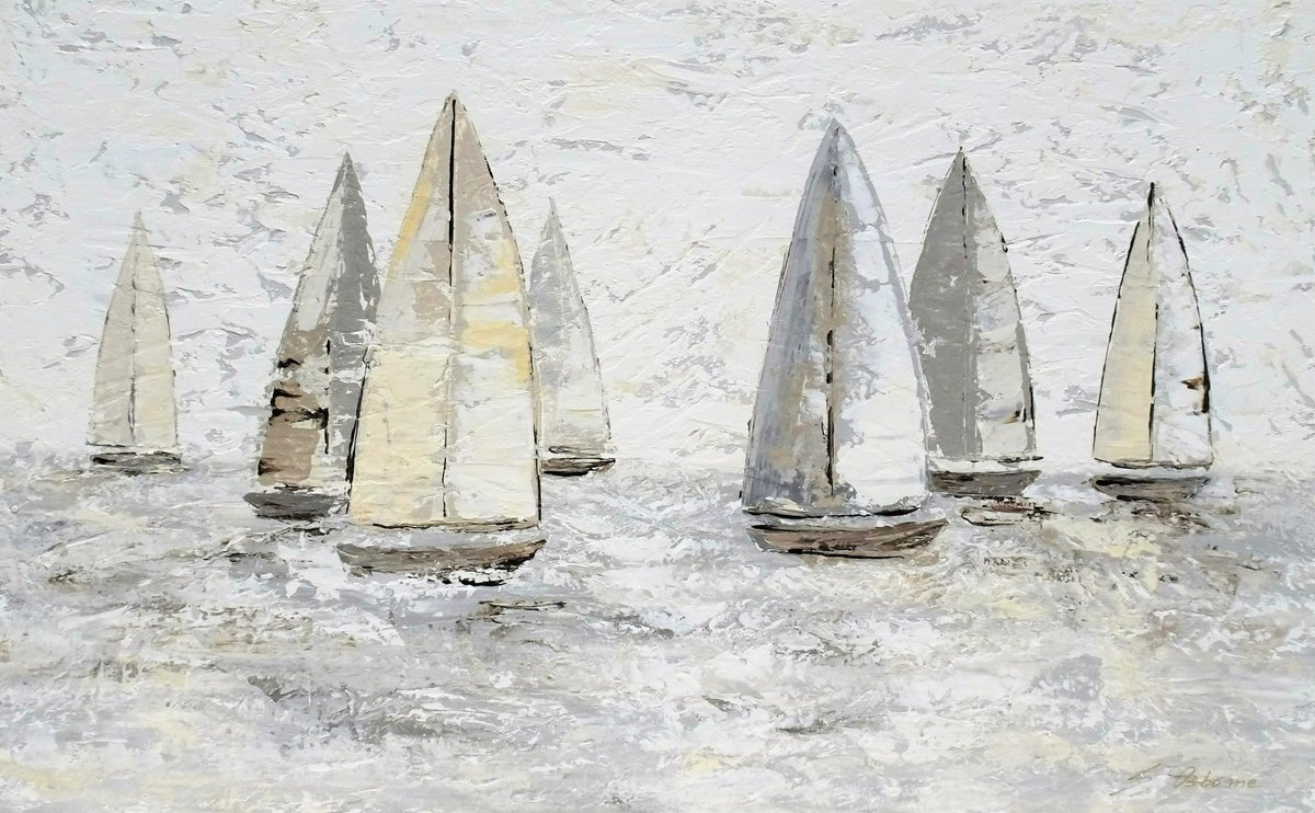 SIMPLY SAILING. Sailboats Regatta Beige Seascape Coastal Painting by Sveta Osborne