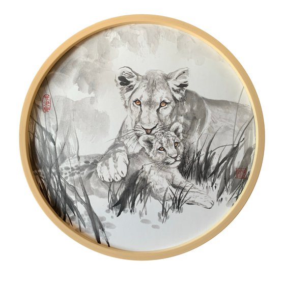 Lion Ink Brush Painting, Original Artwork, Framed