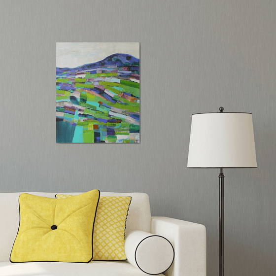 Abstract landscape - Green fields  (ready to hang semi abstract landscape on canvas)