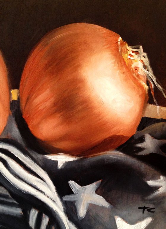 Two onions over a  foulard with stars- Original oil painting on edged wooden panel- ready to hang 20 x 20 cm (8' x 8' )