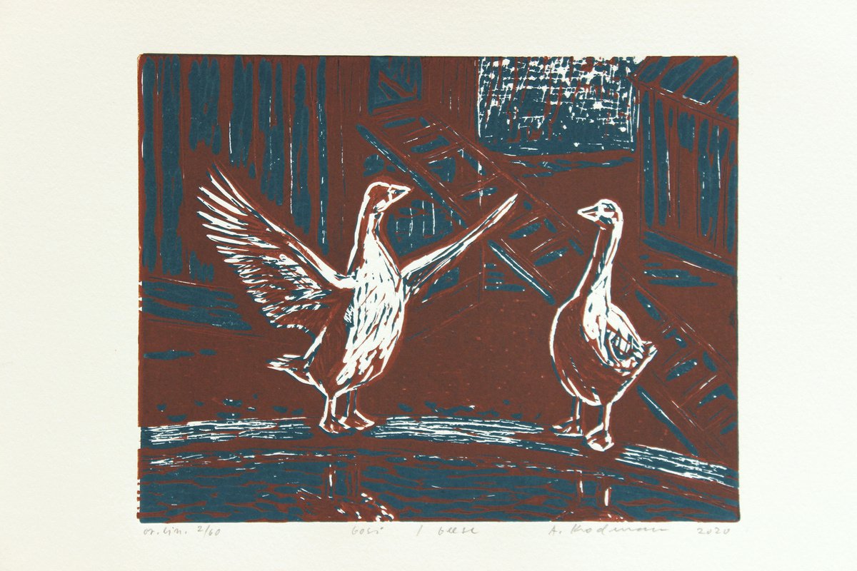 Gosi - Geese 2020, linocut on paper, 19,5 x 25 cm by Alenka Koderman