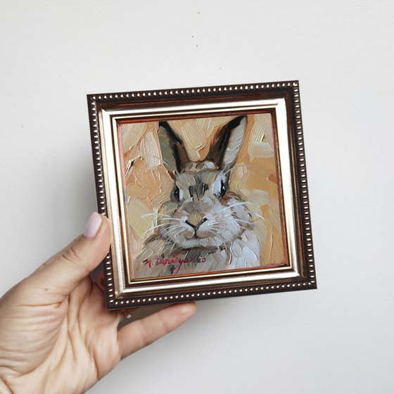 Cute rabbit painting original oil framed 4x4, Small framed art beige rabbit artwork