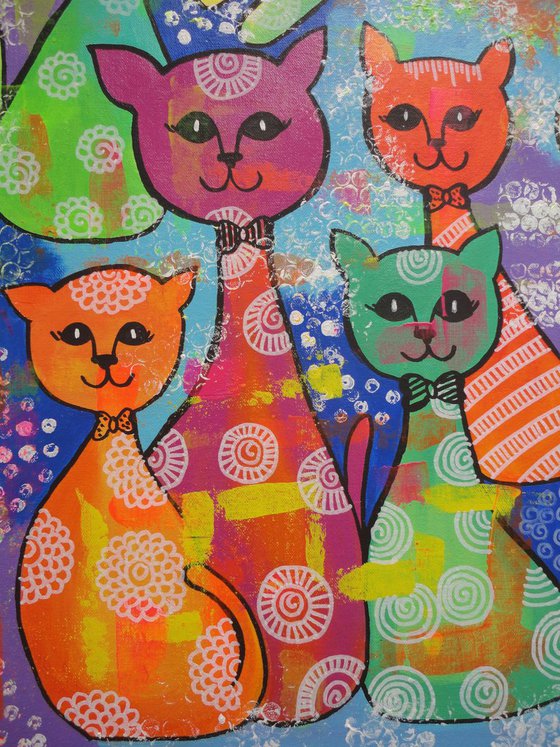 The Happy Cat Family! Large Painting on Canvas ! Cat Lovers Gift !!