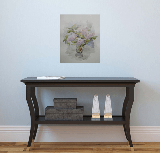 Bouquet of lilac flowers in vase. Original watercolour painting