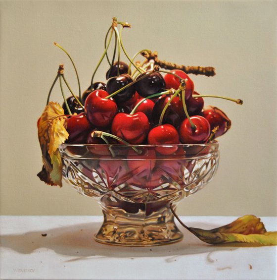 Still life with cherries III , Original oil on canvas painting