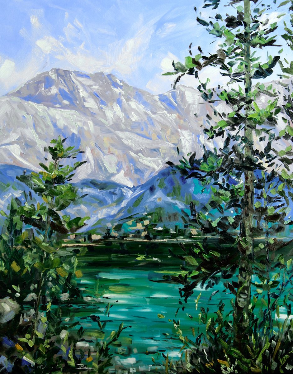 Impressionistic Landscape Oil Painting By Liza Illichmann, 31 X 39", Lake Eibsee, Original Artwork