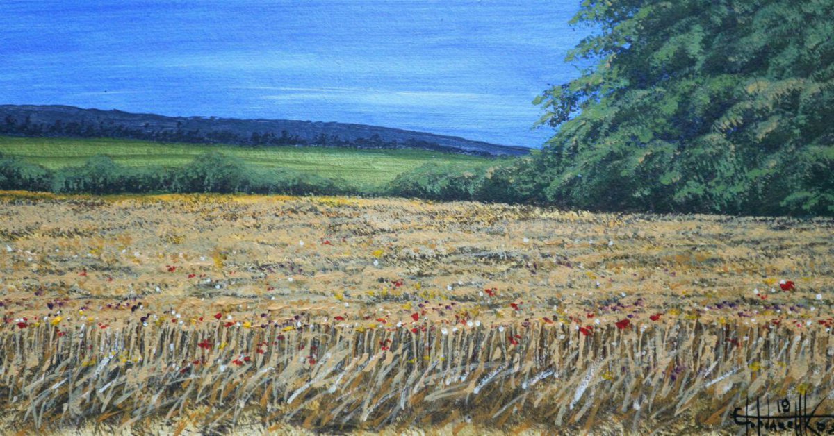 Impressionistic Landscape Acrylic Painting By Eugene Gorbachenko, 16 X 8, Wheat Field, Original Artwork