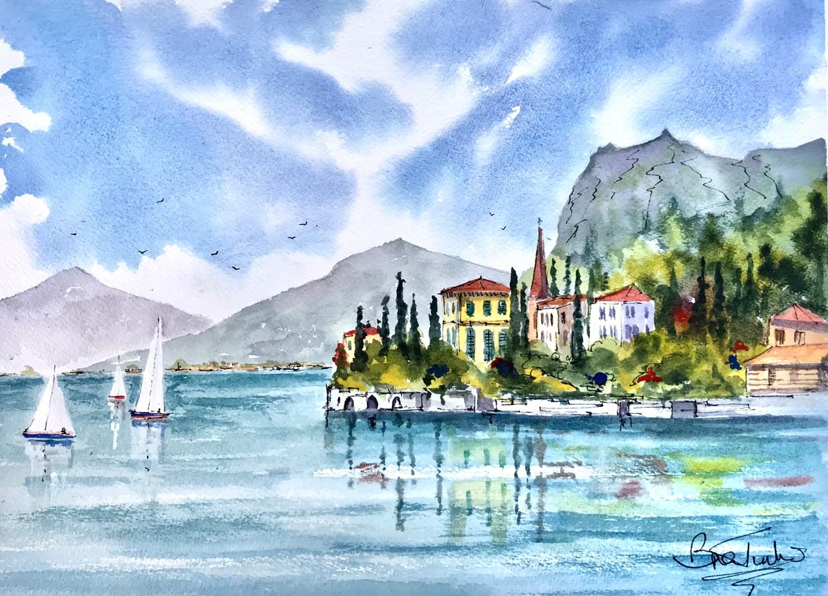 Expressive Landscape Watercolour By Brian Tucker, 14 X 10, Villa Monastero Near Varenna, Lake Como, Original Artwork