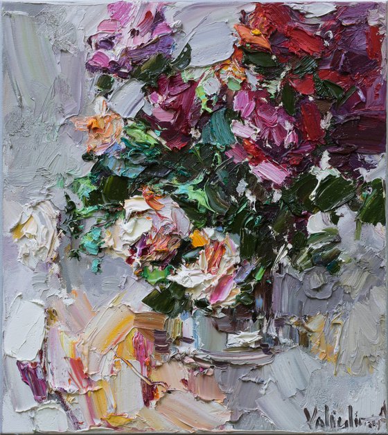 Summer roses in a vase  Still life painting - Original impasto oil painting