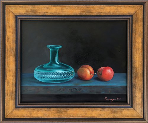 Glass vase with plums (21x27cm, oil on panel) by Gevorg Sinanian