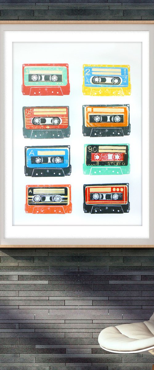 Linocut tapes #23 (cassette tapes, retro music, 70's, 80's rock culture) by Carolynne Coulson