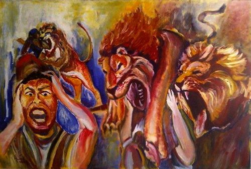 LIONS' HUNTERS - Extra large Painting - 150x100 cm by Wadih Maalouf