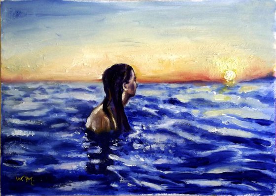 SUMMER MEDITATION BY THE SEA - Seascape painting-30 x 20.5 cm