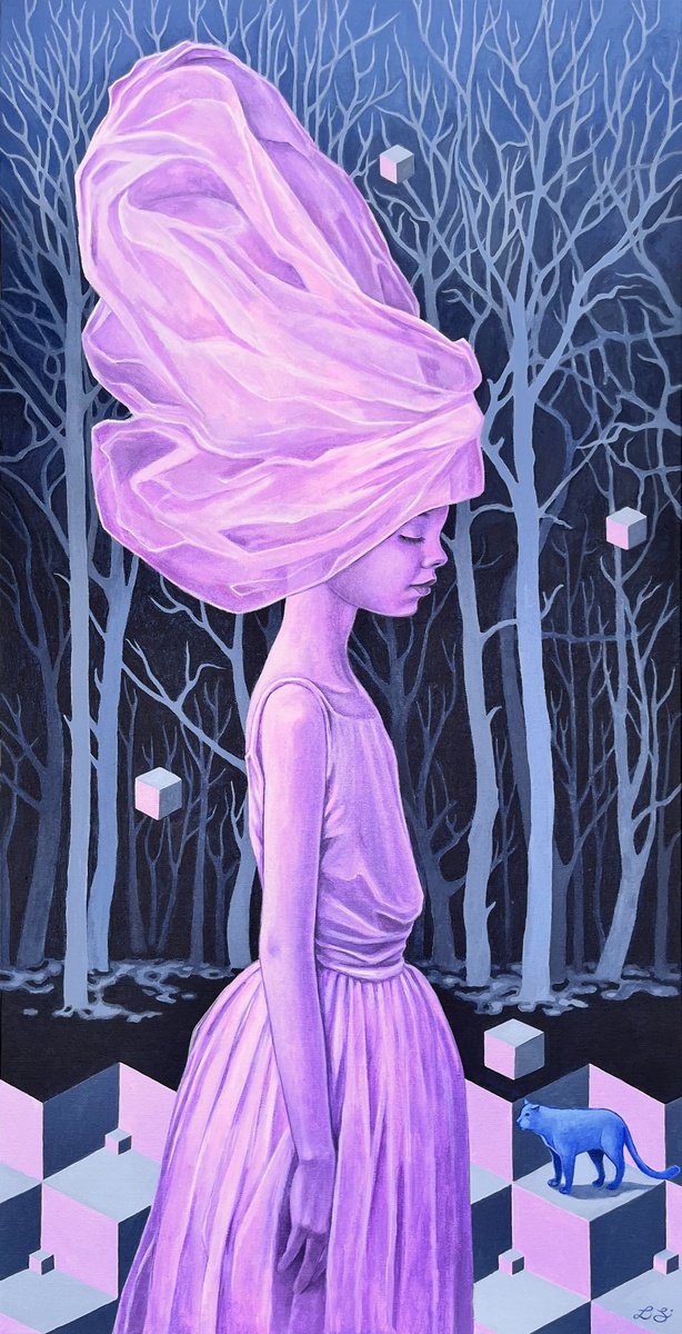 Surrealistic Portrait Acrylic Painting By Lu Sakhno, 24 X 48", Calm, Original Artwork