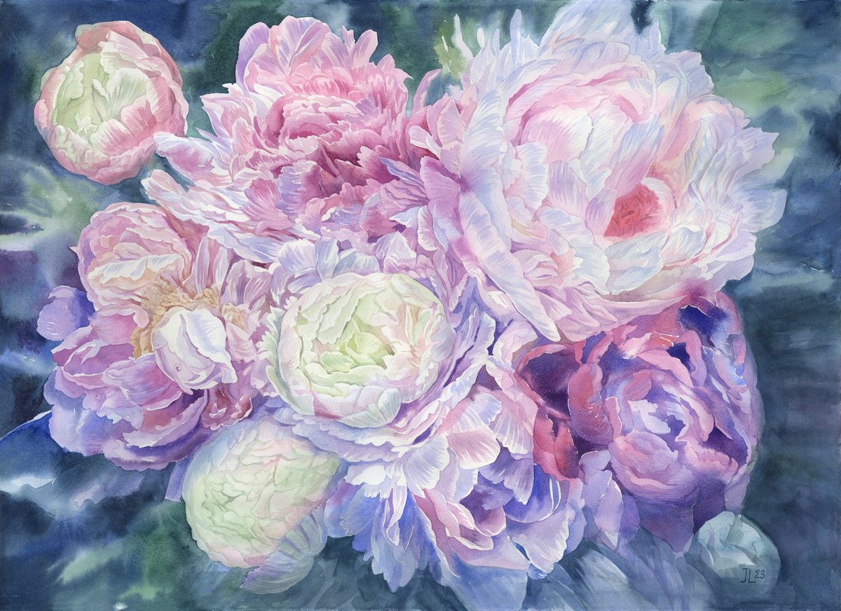 Luxury peonies bouquet original watercolor by Julia Logunova