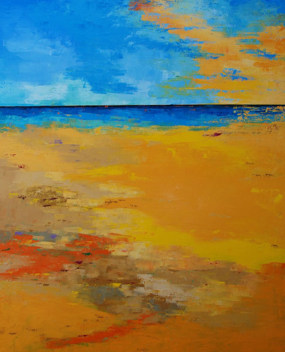 Abstract Landscape Oil Painting By Saroja Van Der Stegen, 33 X 41", Yellow Beach Ref:1240-40F, Original Artwork