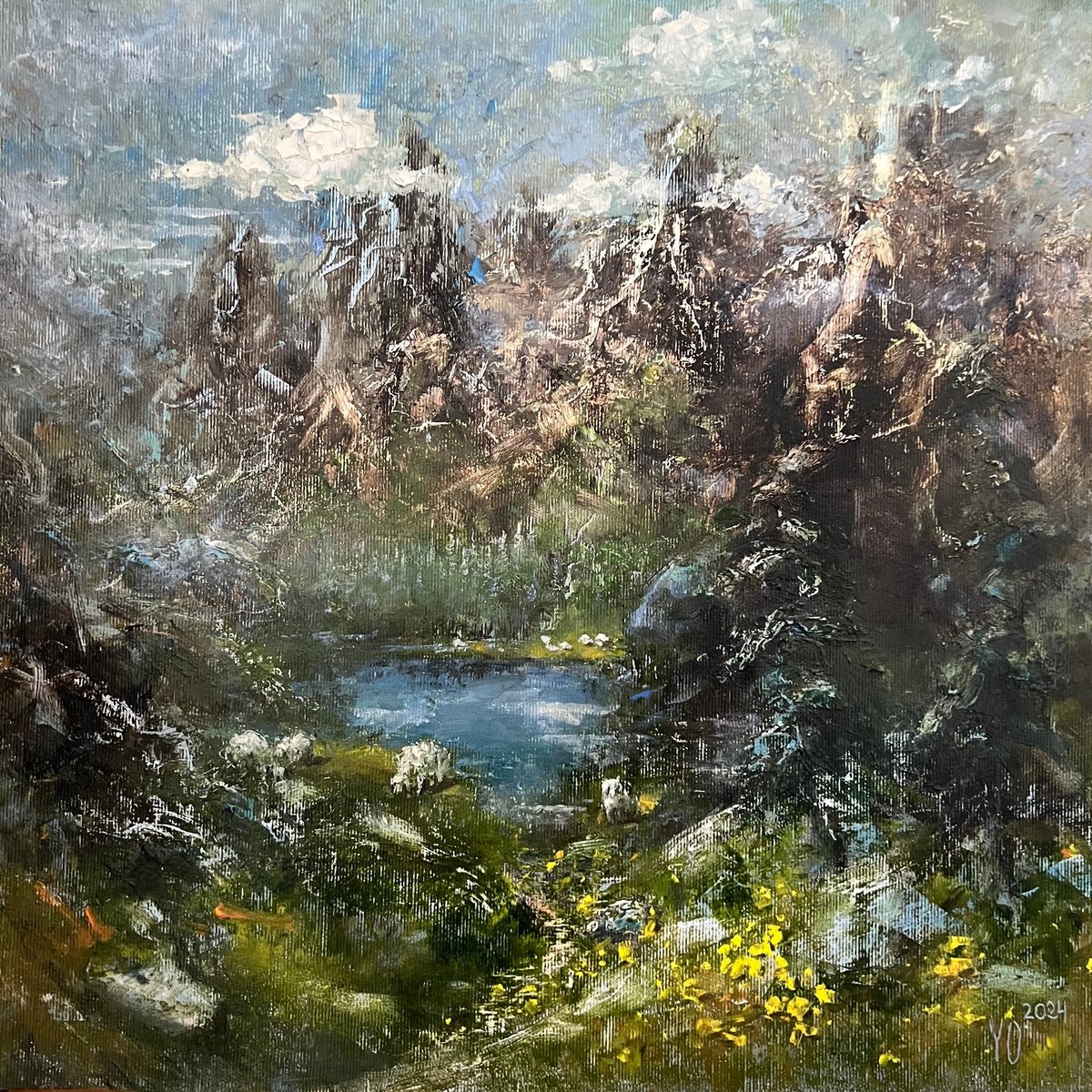 Impressionistic Landscape Oil Painting By Yulia Odukalets, 15 X 14", Wilderness Rocky Mountain, Original Artwork