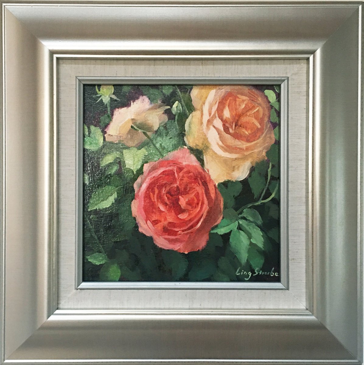 Impressionistic Botanical Oil Painting By Ling Strube, 14 X 14", Rose Beauty (Framed), Original Artwork