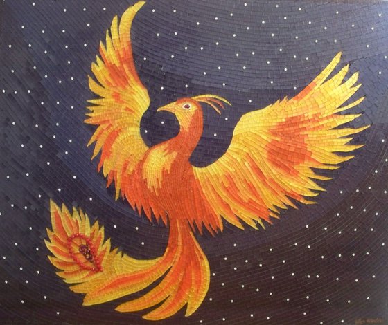 Phoenix - micro mosaic mixed media, fantasy mosaic based upon the legend of rebirth