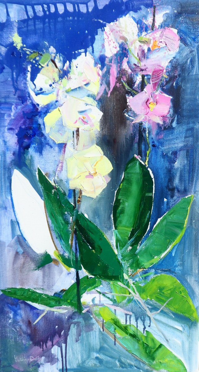 Expressive Botanical Oil Painting By Yehor Dulin, 20 X 35", " Phalaenopsis ", Original Artwork