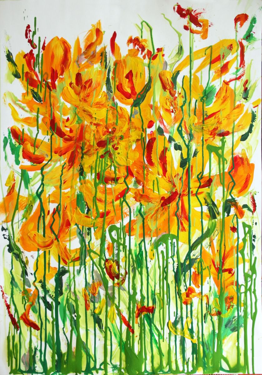 Expressive Abstract Acrylic Painting By Salana Art / Svetlana Samovarova, 25 X 36", Thicket Tulips, Original Artwork