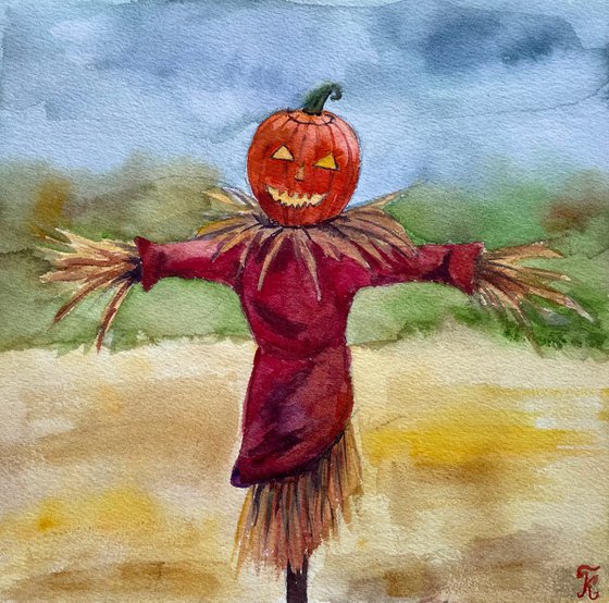 Halloween Watercolor Painting Original, Scarecrow Artwork, Spooky Season Wall Art