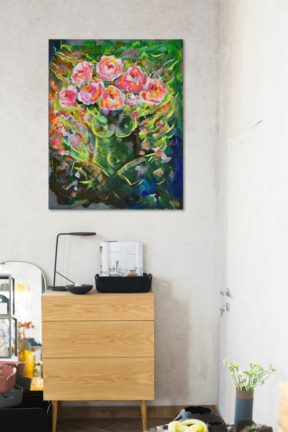 Bunch of Roses in The Body - Impressionistic Painting of Roses on Canvas Ready To Hang