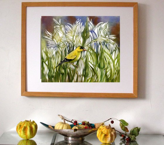 Golden finch watercolor with paper cut