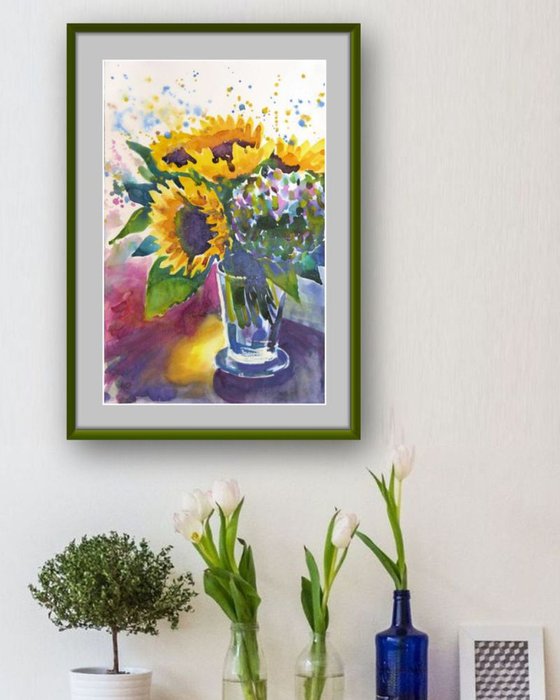 Sunflowers in a Vase Original Watercolor Painting Loose and Expressive Floral Art