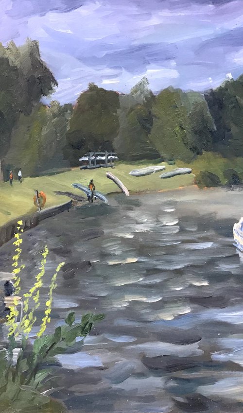 Canoeing and rowing on the river - an oil painting by Julian Lovegrove Art