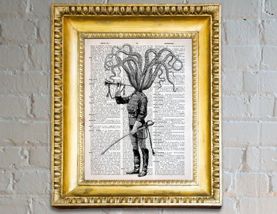 Octopus Soldier - Collage Art Print on Large Real English Dictionary Vintage Book Page