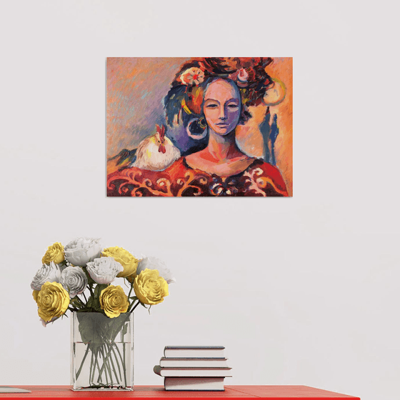 SUNRISE - woman portrait oil painting with a rooster dream pink red yellow light present for her home décor