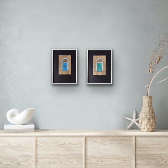 Azure and turquoise doors - Set of 2 architecture mixed media drawings