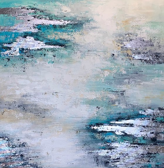 Light Of Day - Abstract White Grey Teal Silver Painting, Square Painting 32" Large Canvas, Minimalist Painting, Living Room Painting