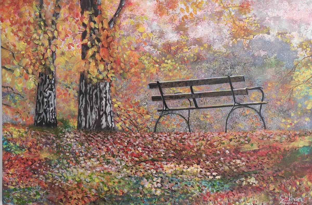 Lovers bench in autumn nature park by Gokhan  Alpgiray