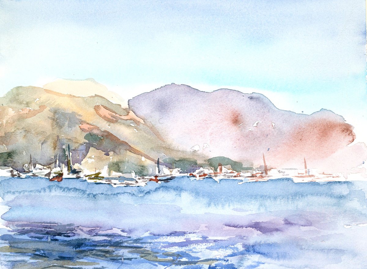 Impressionistic Landscape Watercolour By Oleksandra Skrypchenko, 12 X 9", Hot Turkish Coastline Marmaris, Original Artwork