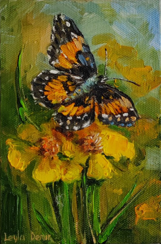 Butterfly on yellow flower oil painting Monarch butterfly picture 4x6"