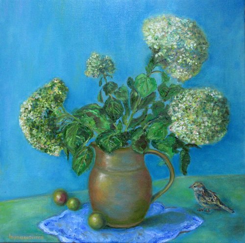 Hydrangea Floral and a Bird Impressionistic Gift Home Bedroom Decor Blue Traditional Women Handmade Artwork Modern Wall Art (19.7x19.7 in.) by Katia Ricci