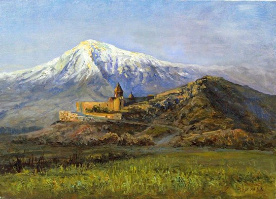 Mountain Ararat and Monastery Khor Virap. Painting from nature in Armenia