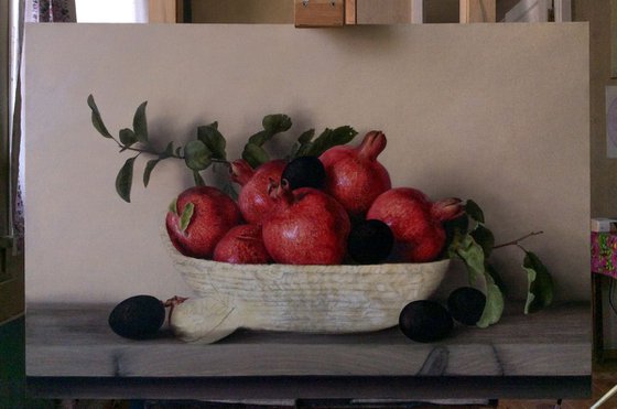 Authum with pomegranates and plums, 60x90cm, oil on canvas 2018, classical still life